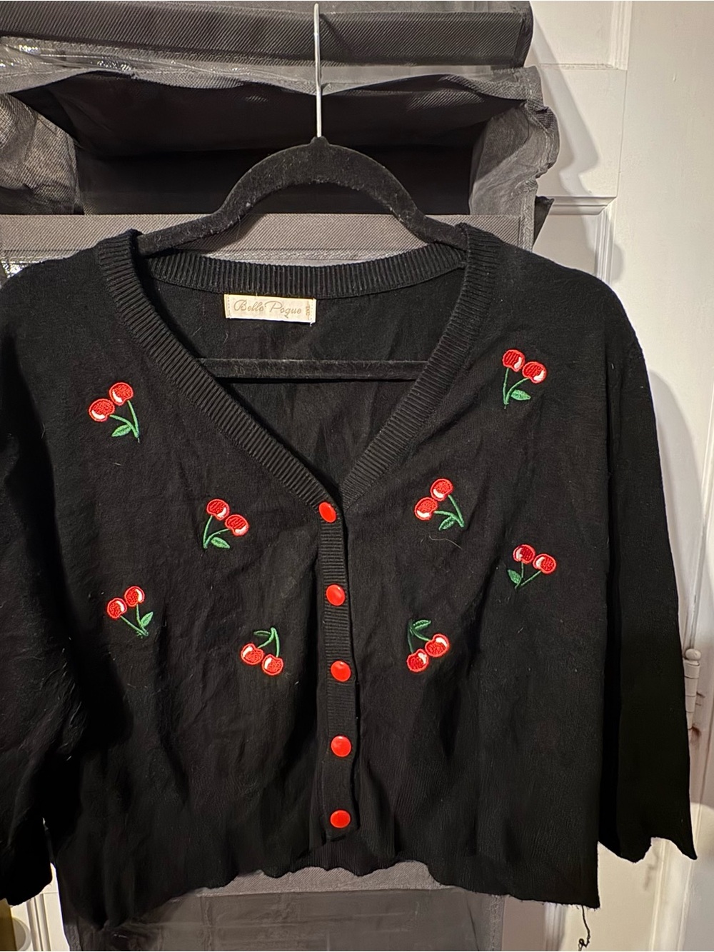 Black Cherry-Embroidered Cropped Cardigan